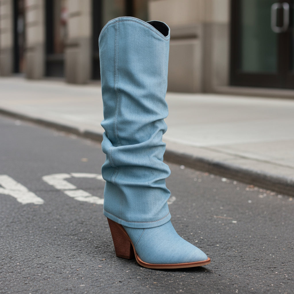 Vintage Pointed-Toe Chunky Heel High Tube Boots — Statement Heels FitiqueFit