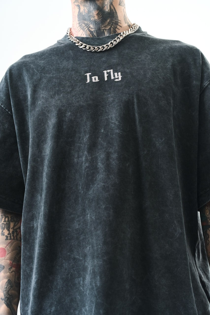 Oversize Cotton Tee - Crows and "To Fly" Graphic Print Withinblack