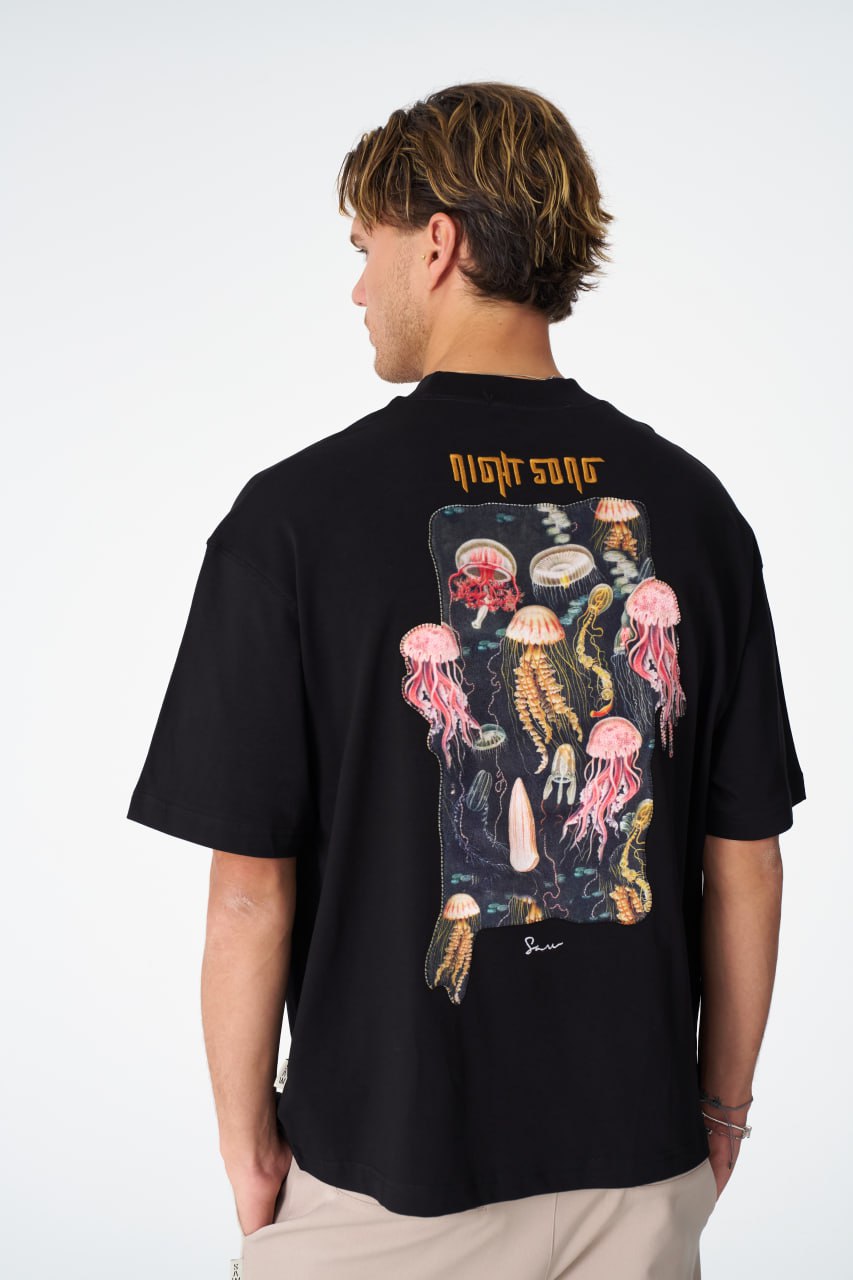 Night Song Jellyfish Graphic Oversize Cotton Tee Withinblack