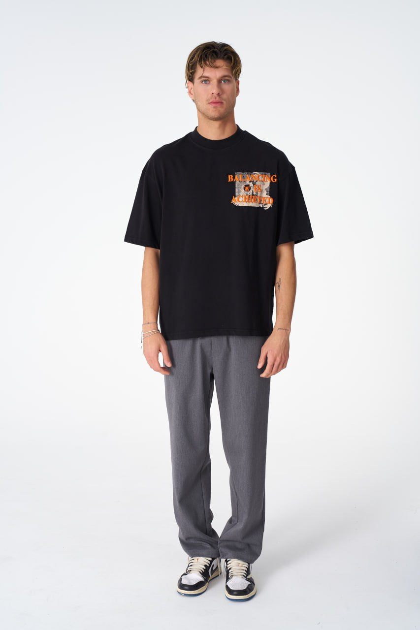 Oversize Cotton Tee / Mythical Bird & Waves Graphic Print "Balancing Is A Chaotic" Withinblack