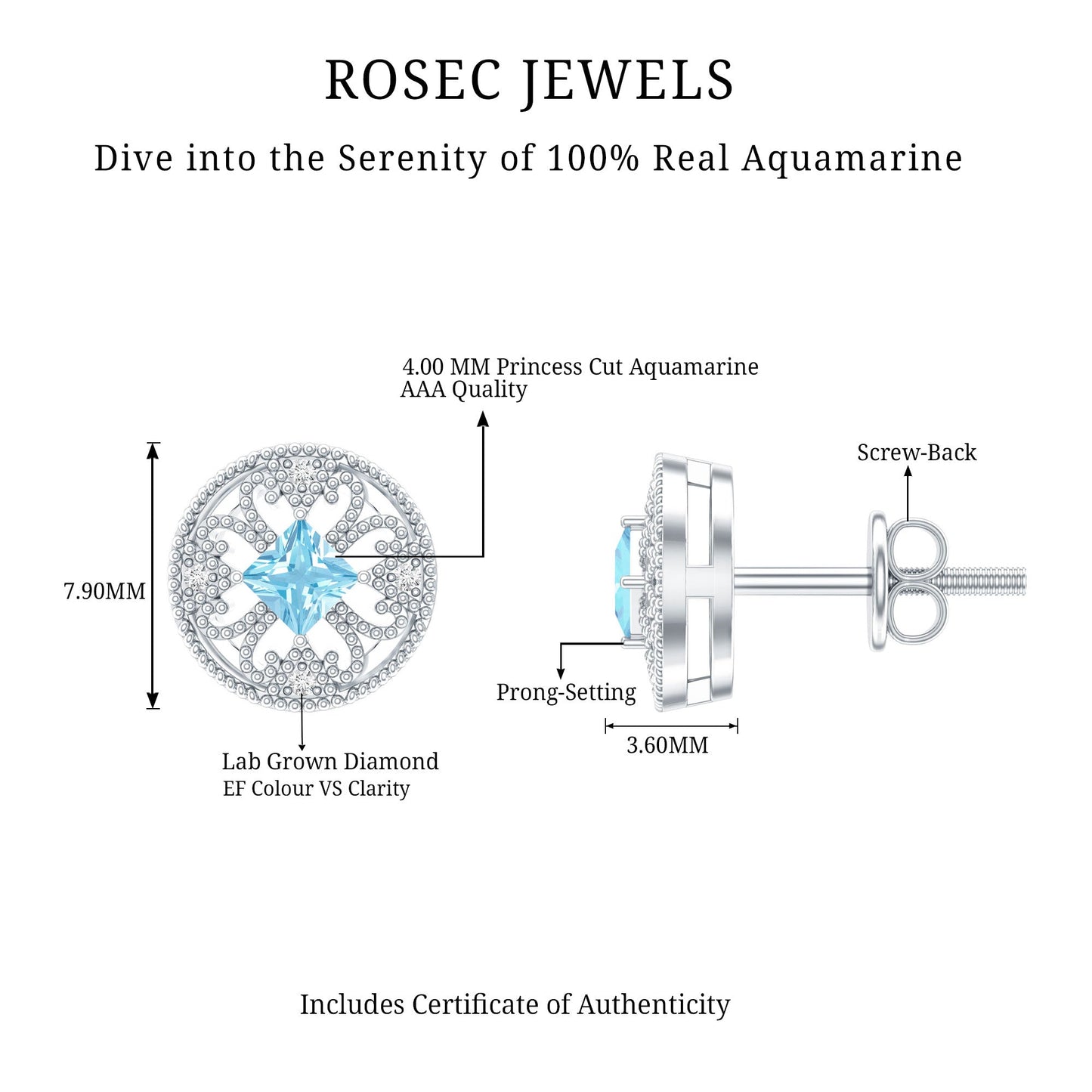 Natural Aquamarine Vintage Stud Earrings with Lab Diamond