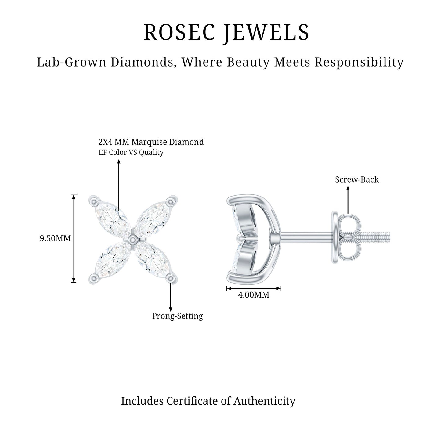 Certified Lab Grown Diamond Flower Earrings With Screw Back