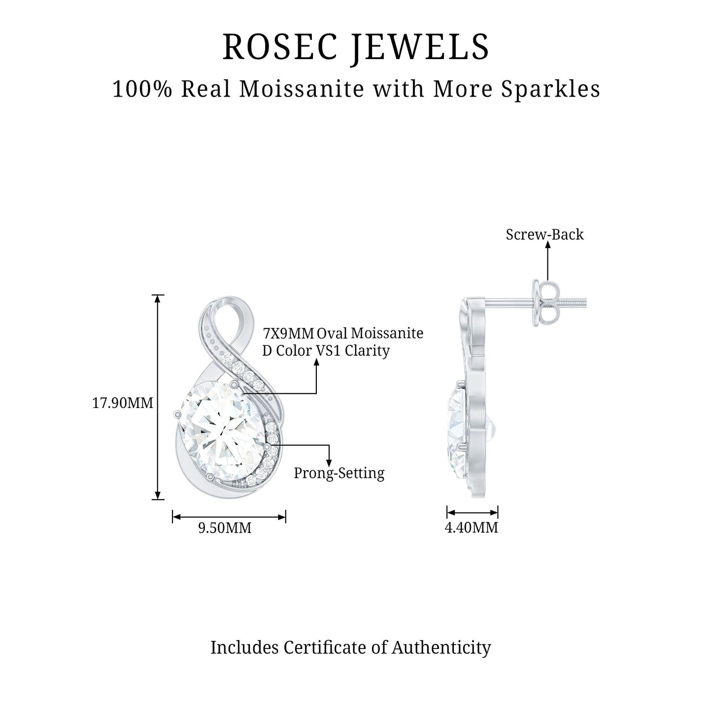 4 Carat Oval Cut Moissanite Infinity Stud Earrings in Silver