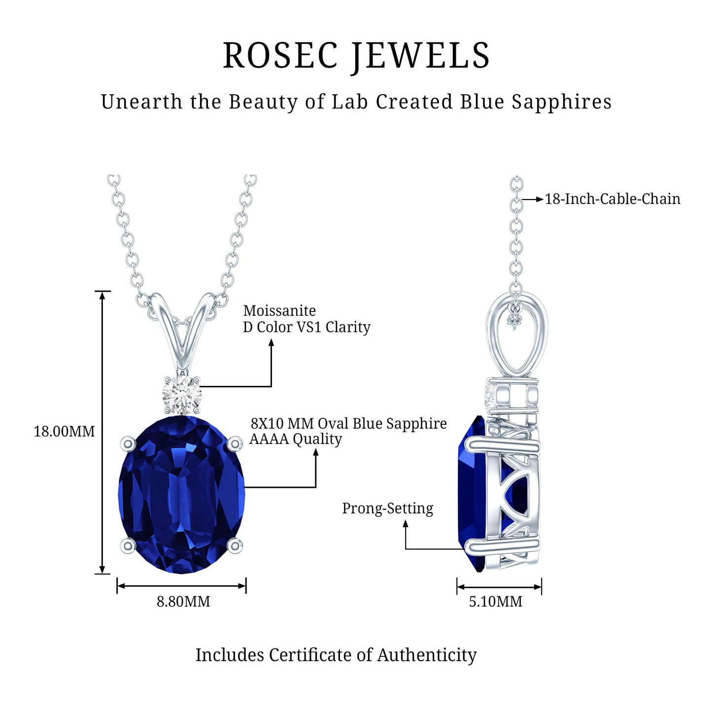 4 Carat Lab Grown Blue Sapphire Oval Cut Solitaire Necklace with Silver Chain