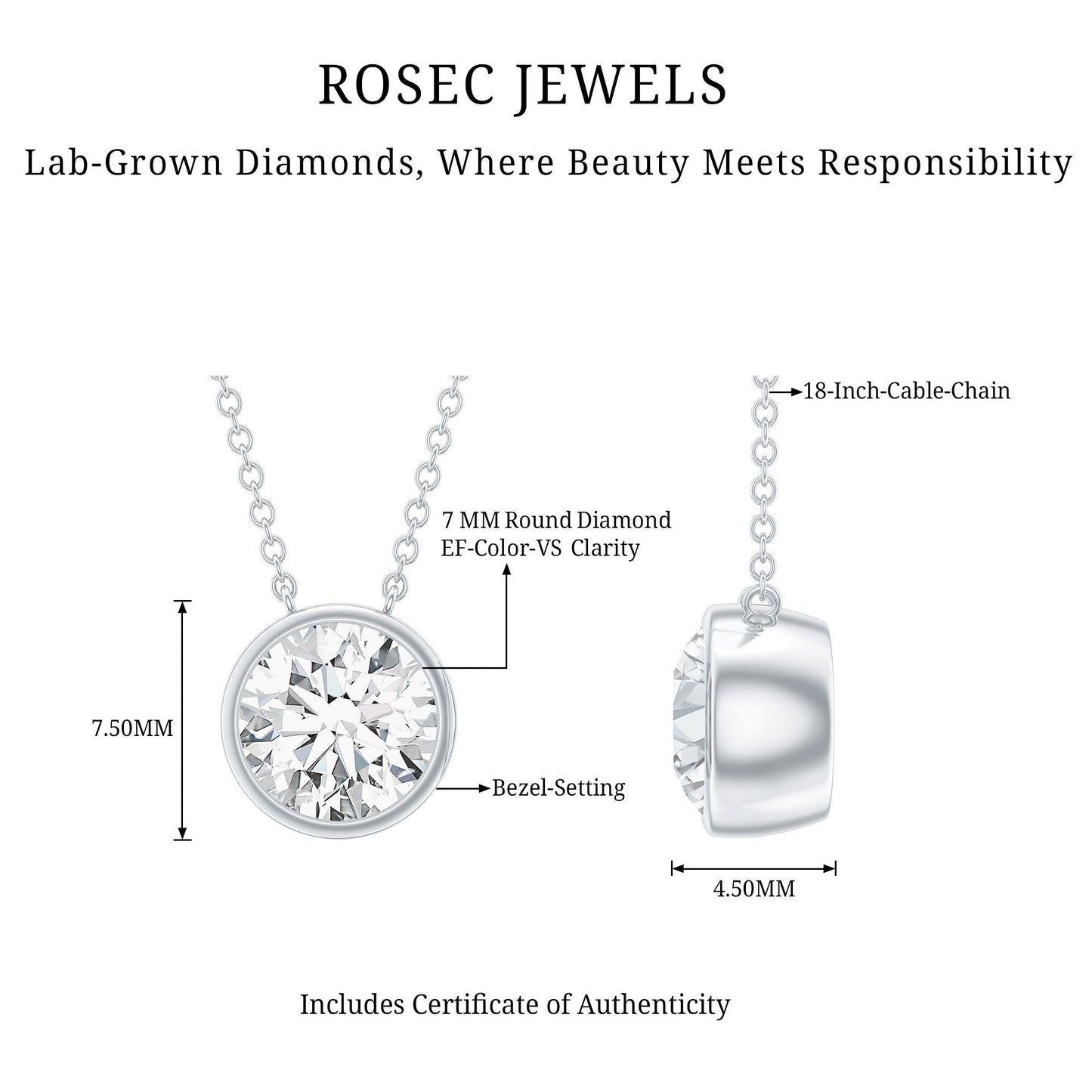 Bezel Set 7mm Lab Grown Diamond Solitaire Stackable Necklace