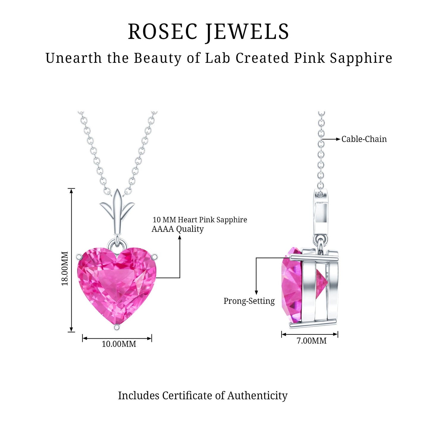 Certified 3.5 Carat Lab Created Pink Sapphire Heart Necklace with Silver Chain