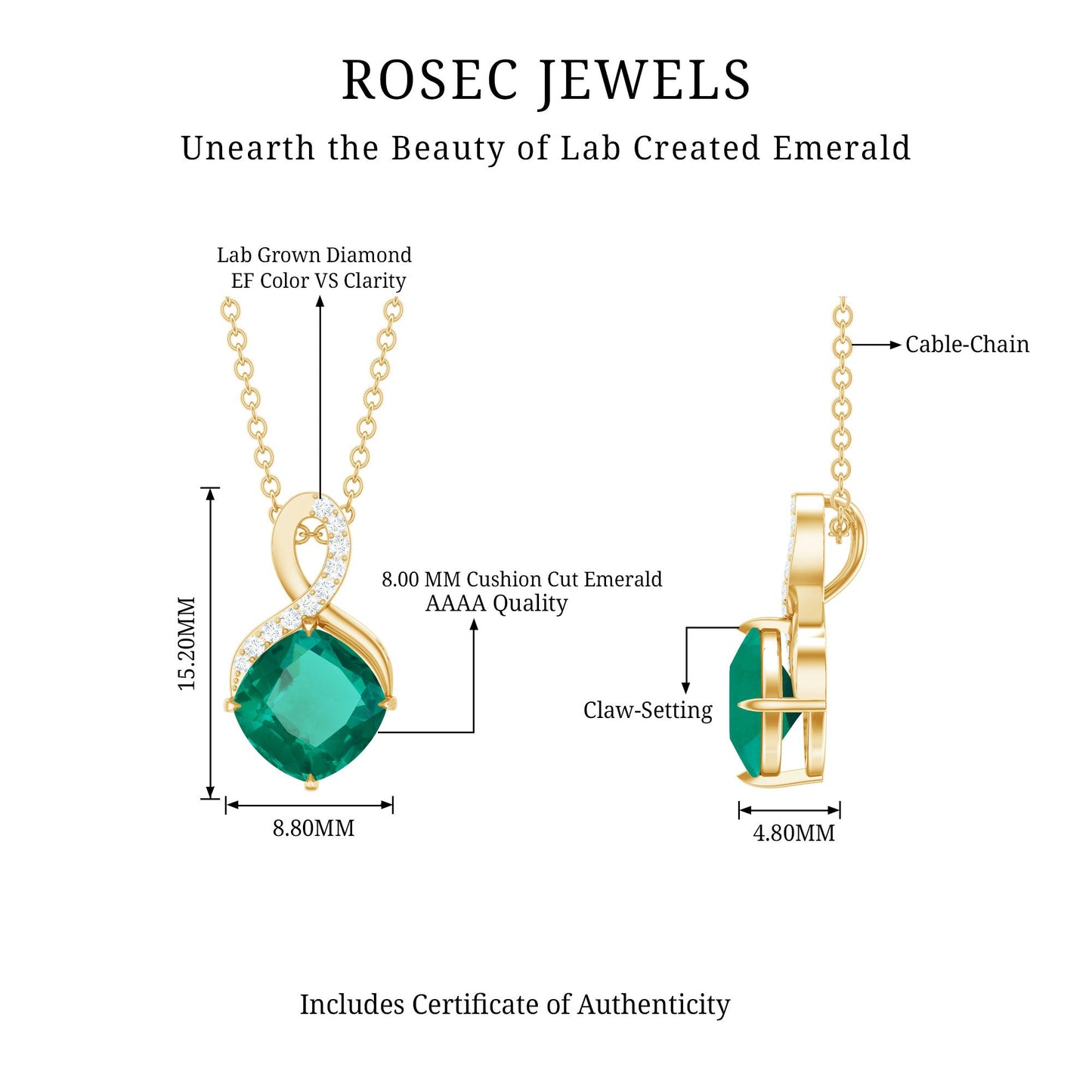 2 Carat Cushion Cut Lab Grown Emerald Infinity Necklace for Women
