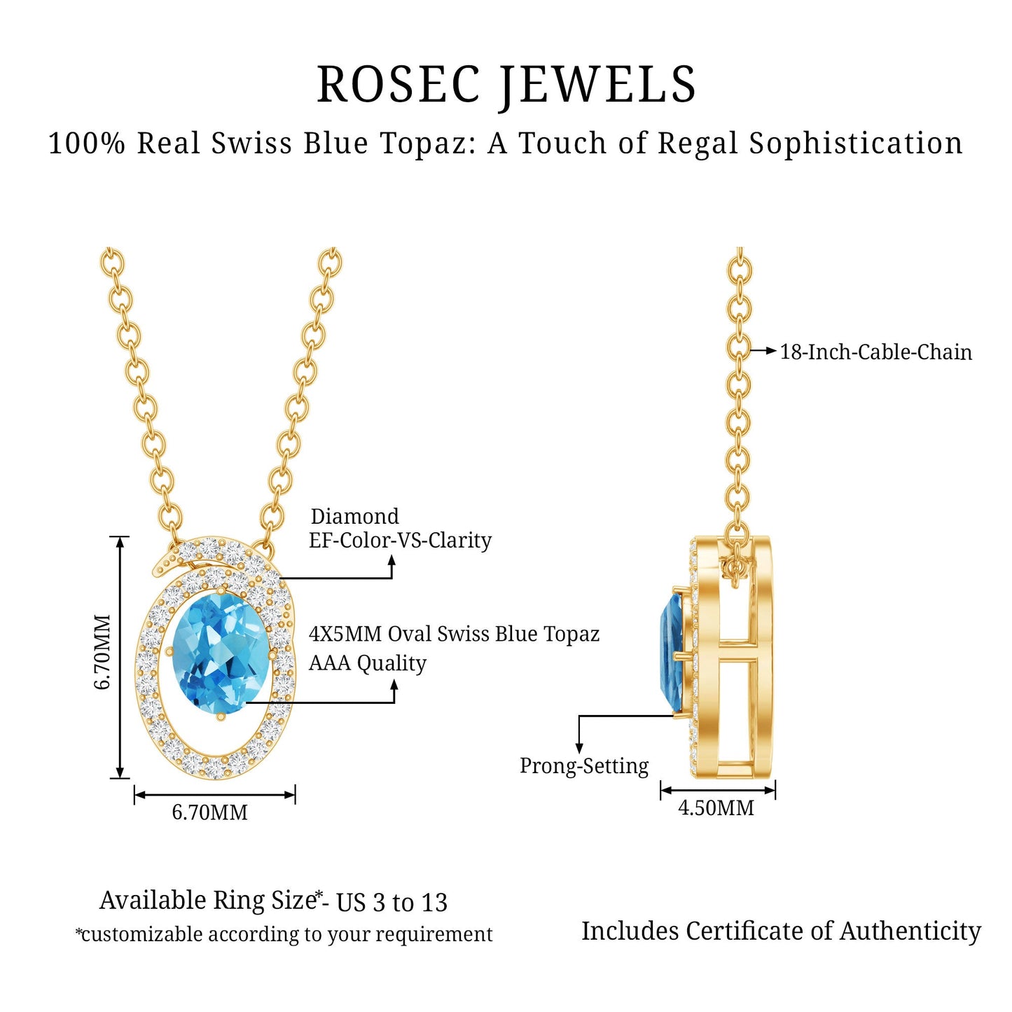 Natural Sky Blue Topaz Diamond Oval Locket with Chain