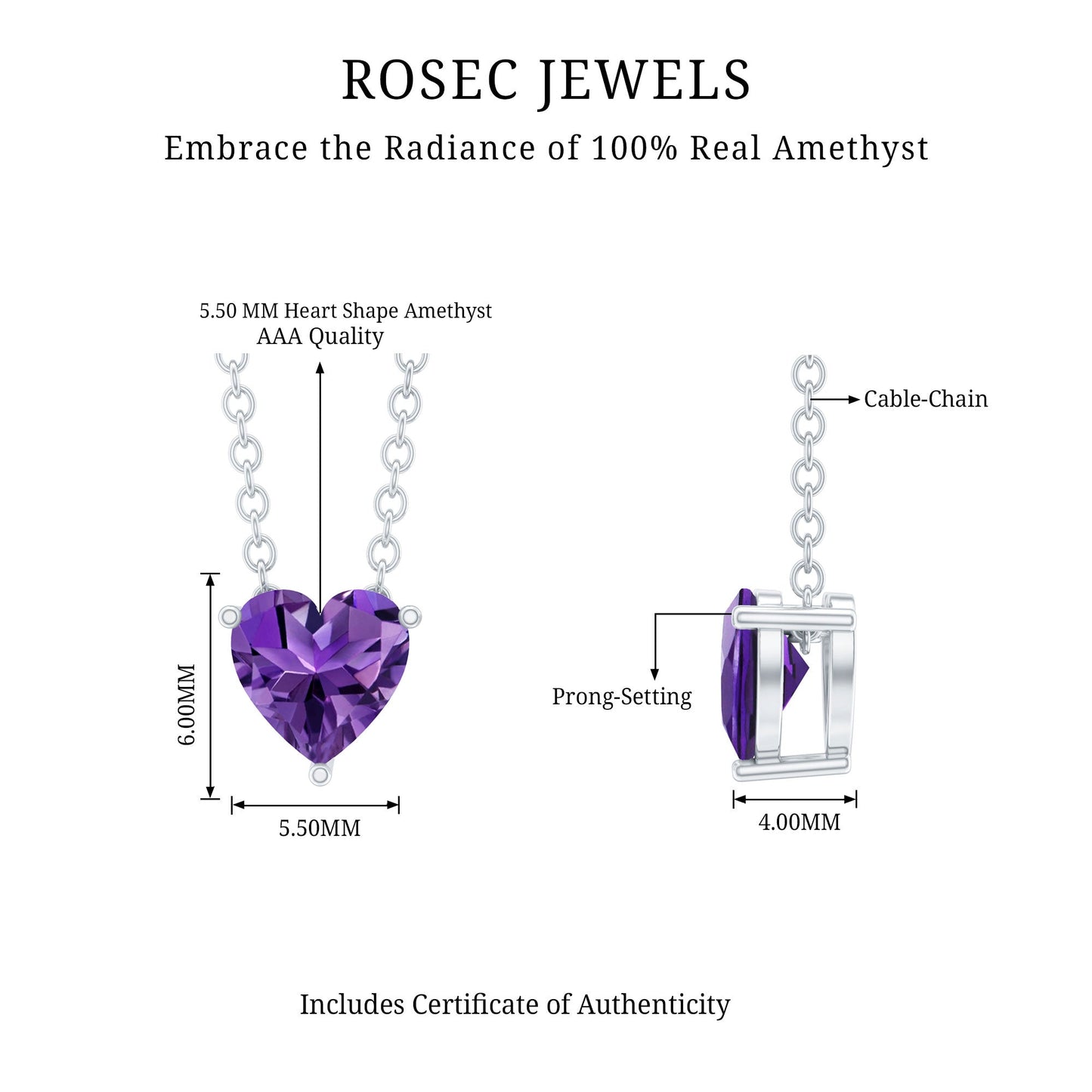 Real Amethyst Heart Necklace with Chain in Sterling Silver