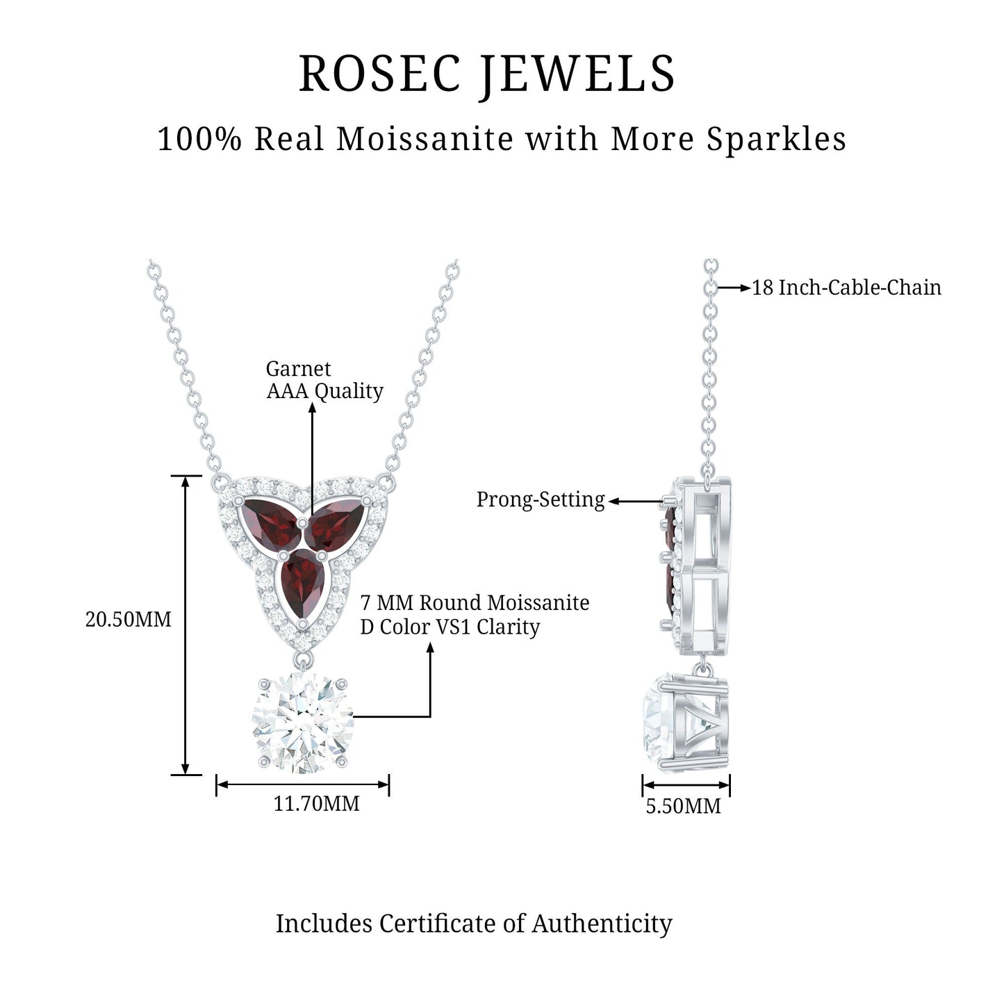 Certified Moissanite and Garnet Designer Bridal Necklace in Silver