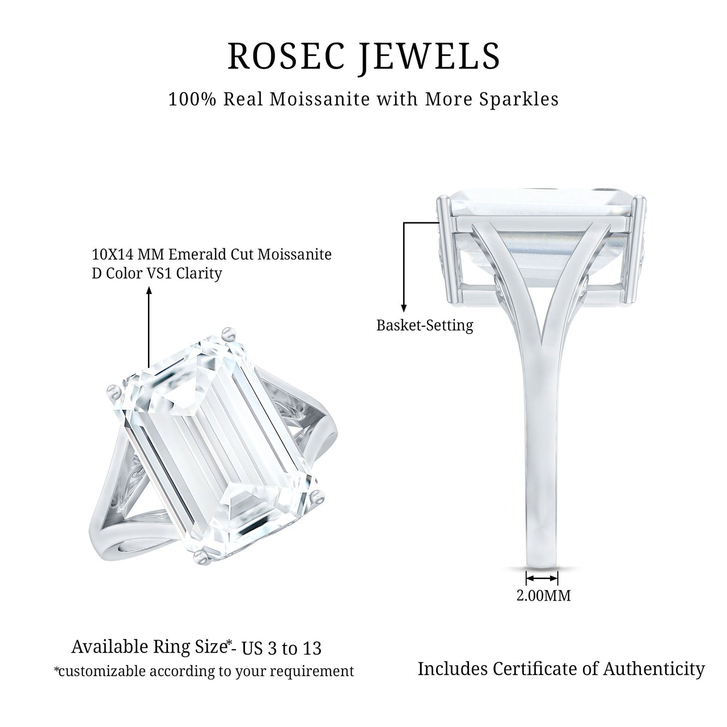 Certified 10X14 MM Emerald Cut Moissanite Engagement Ring for Women