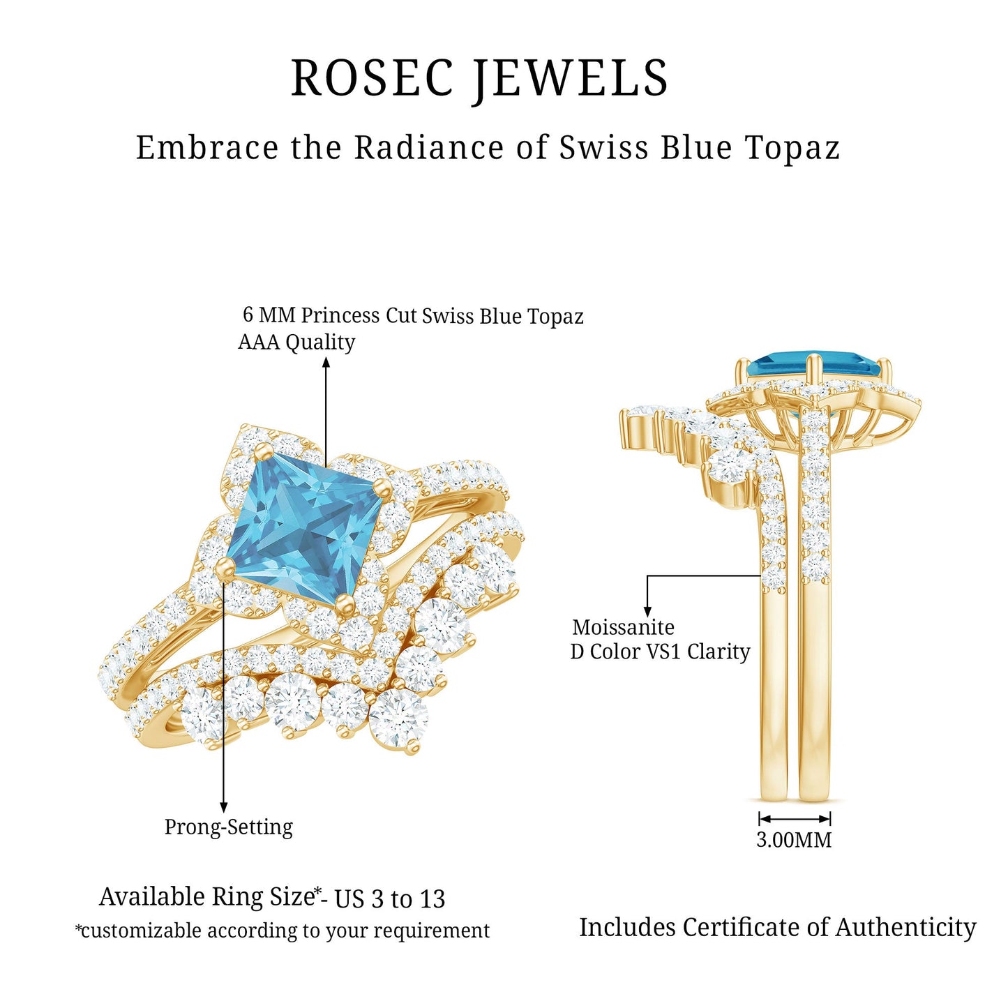 Genuine Princess Cut Swiss Blue Topaz Floral Wedding Ring Set in Silver