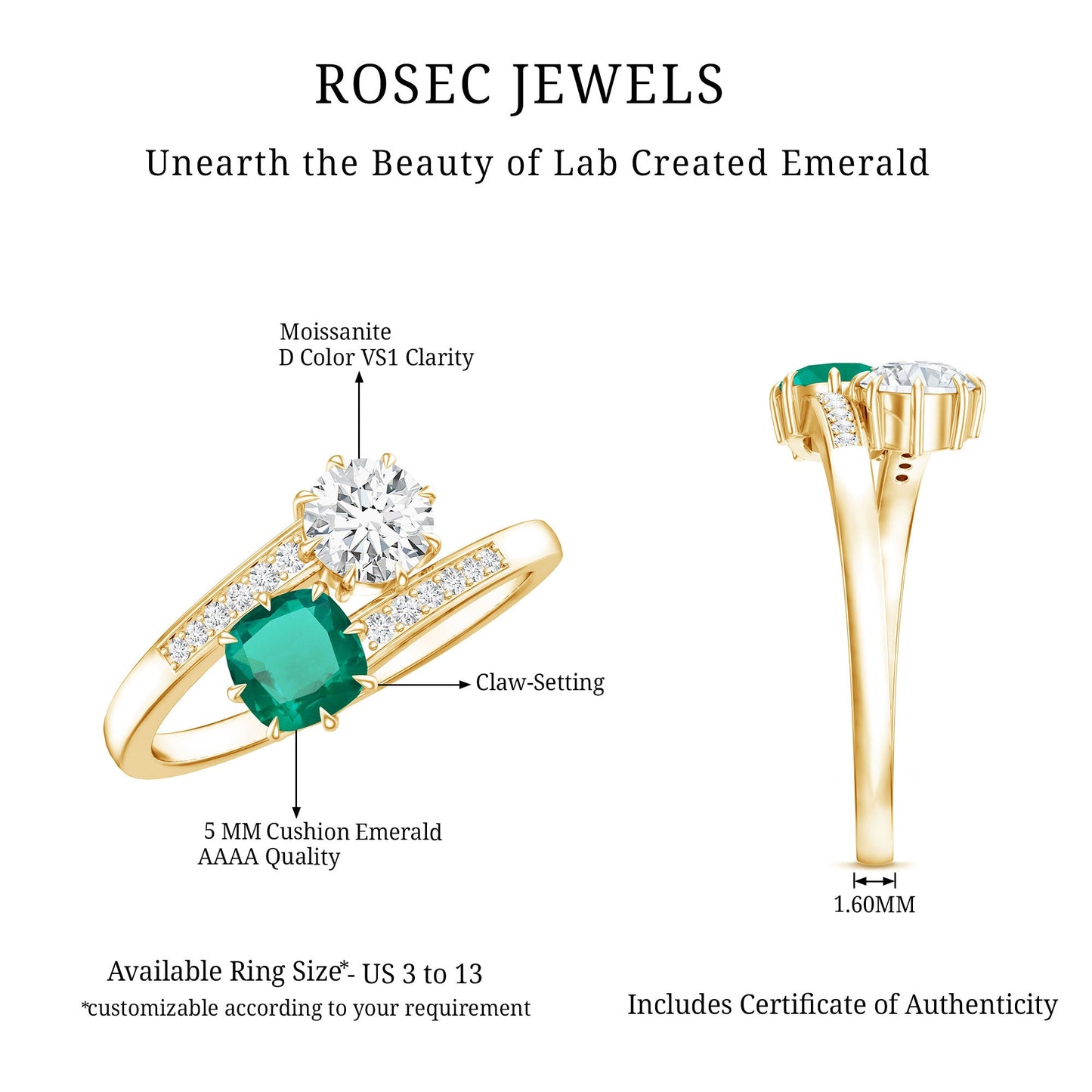 Lab Created Emerald and Moissanite Two Stone Engagement Ring in Silver