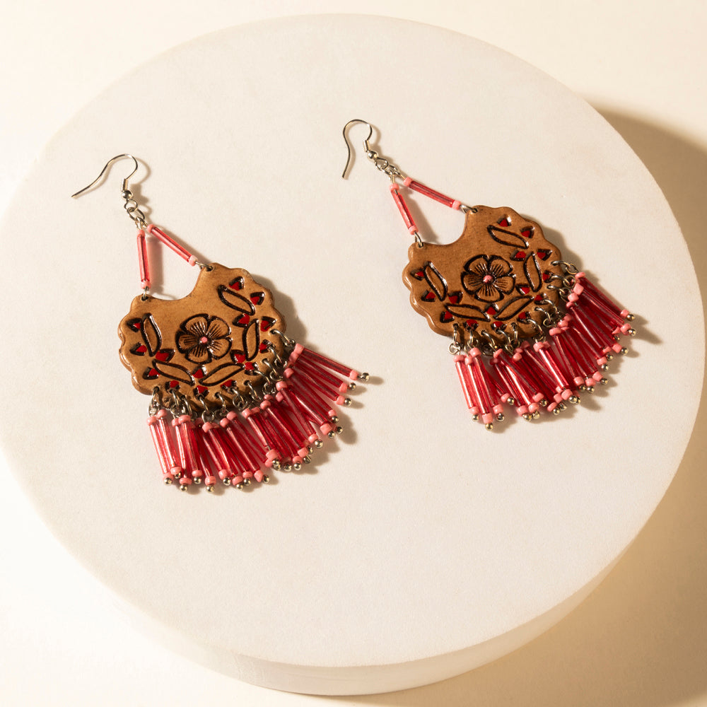 Myra Handtooled Carnival Bloom Fringe Earrings in Ember Pink Myra USA