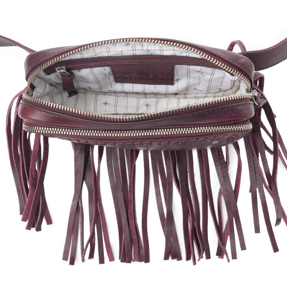 Myra Zidana Stormy Trails Fringed Veg Tanned Leather Bag in Raven Dusk Myra USA