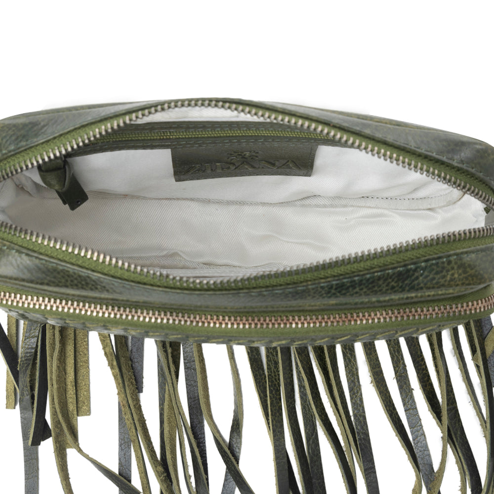 Myra Zidana Stormy Trails Fringed Veg Tanned Leather Bag in Dusty Pine Myra USA