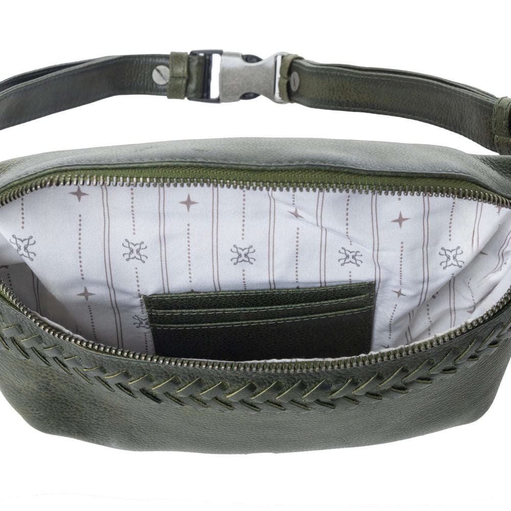 Myra Zidana Amarillo Handstitched Veg Tanned Leather Fanny Pack in Saddle Moss Myra USA