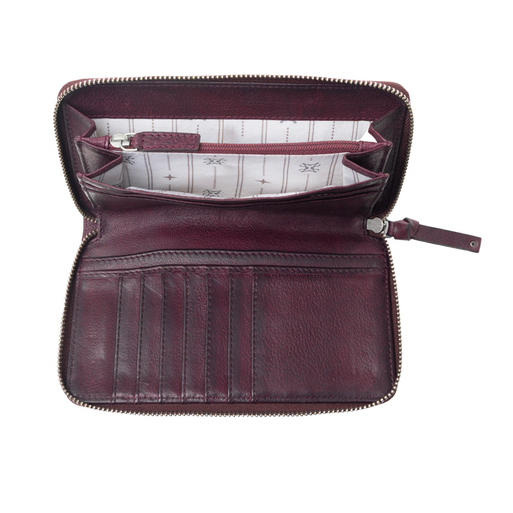 Myra Zidana Astra Studded Veg Tanned Leather Wallet in Mulberry Dusk Myra USA