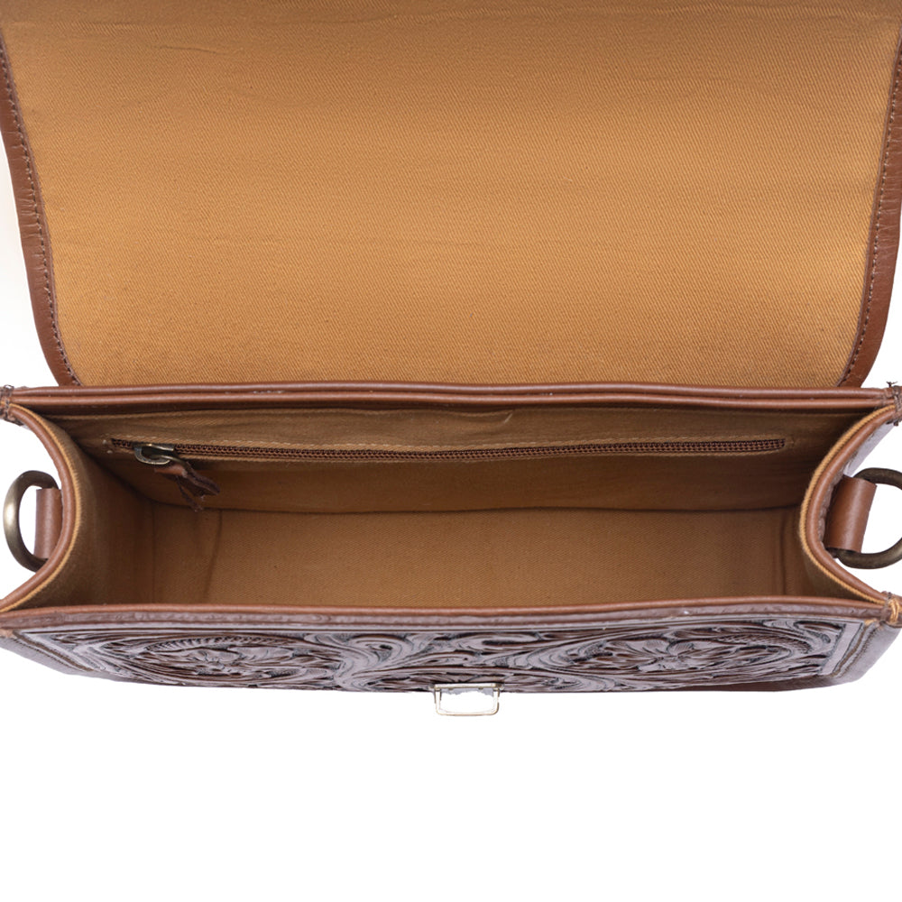 Myra Duchess Hairon Handtooled Flap and Button Leather Satchel in Mocha Cream Myra USA