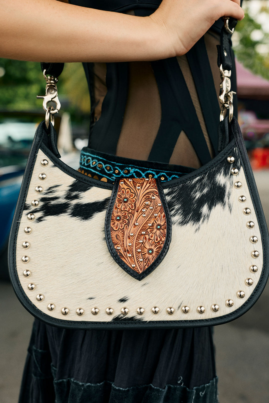 Myra Santa Fe Handtooled Bag for Women in Black with hairon and studded detail Myra USA