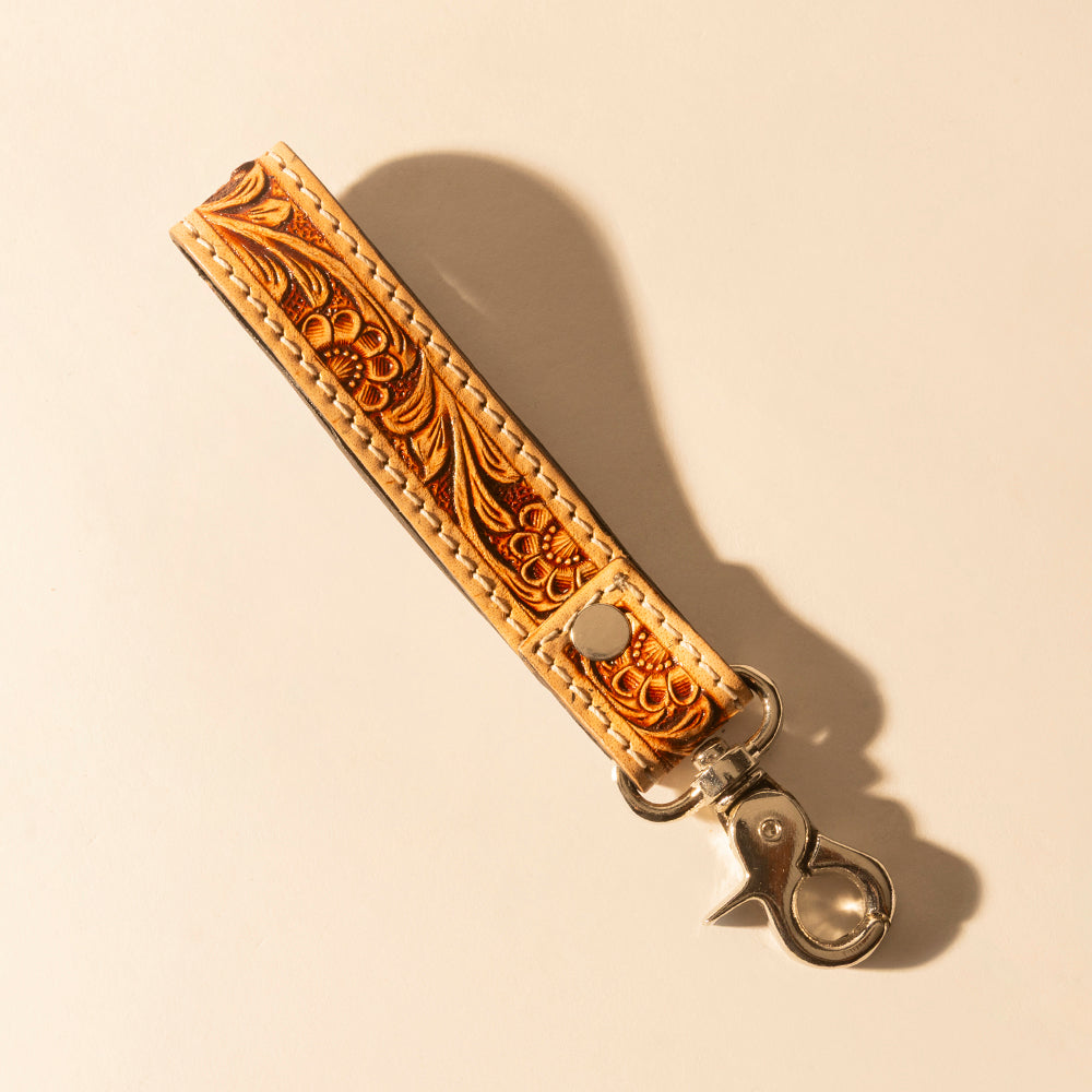 Myra Hide Inlay Western Key Fob in creme with floral detail Myra USA
