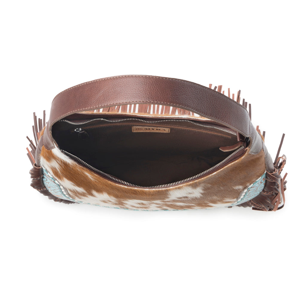 Myra Lasso Lane Hairon Leather Bag for Women in tan with fringe and embossed detail Myra USA