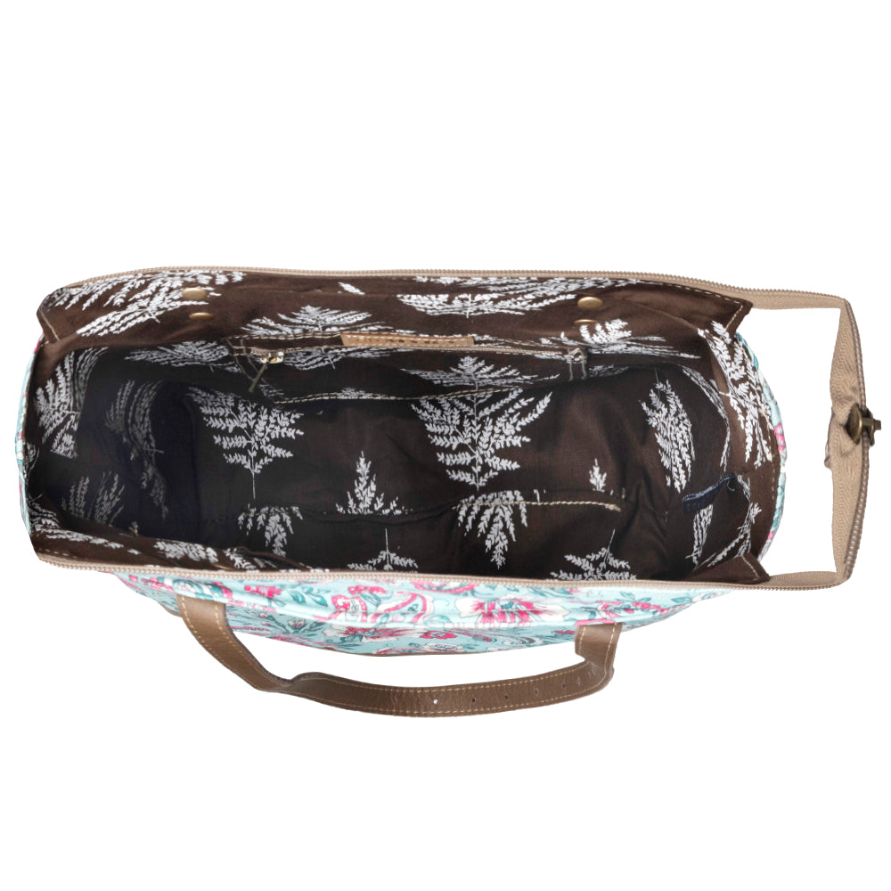 Myra Pinkpaisley upcycled canvas Tote Bag for Women in pink with leather detail Myra USA