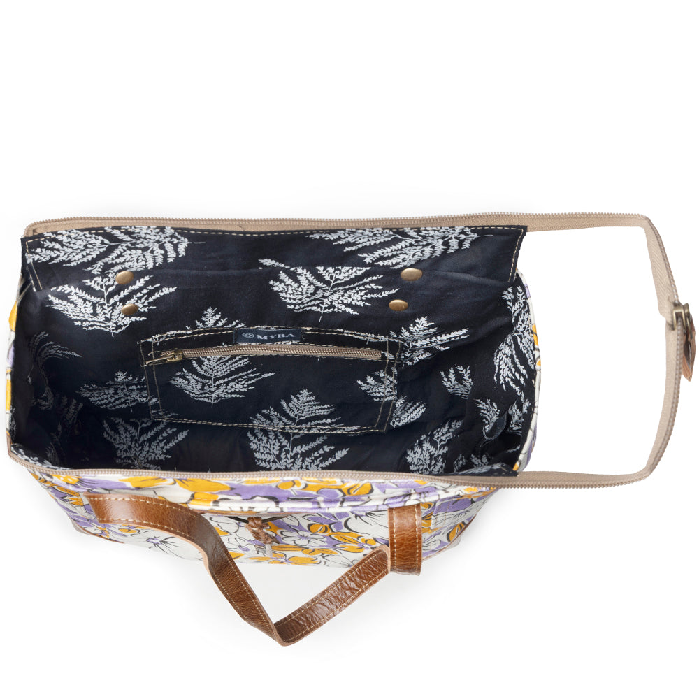 Myra Retro Bloom upcycled canvas tote Bag for Women in yellow with leather detail Myra USA