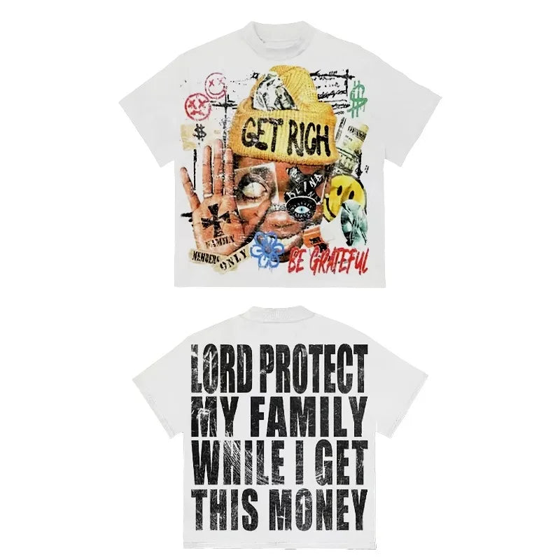 Men's Y2K pattern T-shirt "Get Rich and God Bless Your Family" slogan street style short-sleeved shirt bold money summer top NovaCart