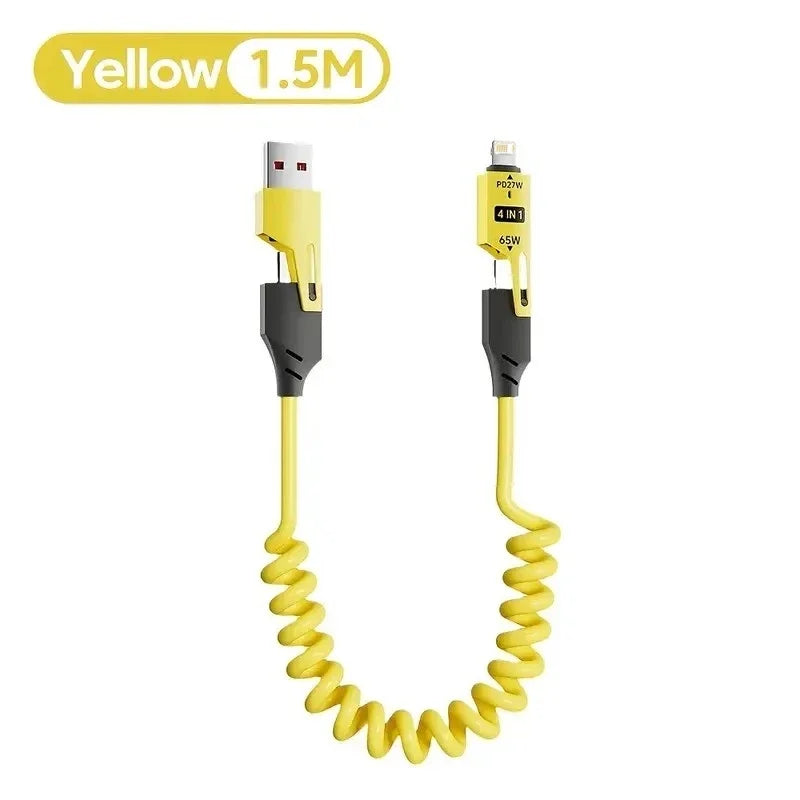4 in 1 65W Spring Short Data Cable 6A USB Type C Spring Telescopic Quick Charger Wire Spring USB Cable for iPhone 15 14 13 12 Pi-Mart