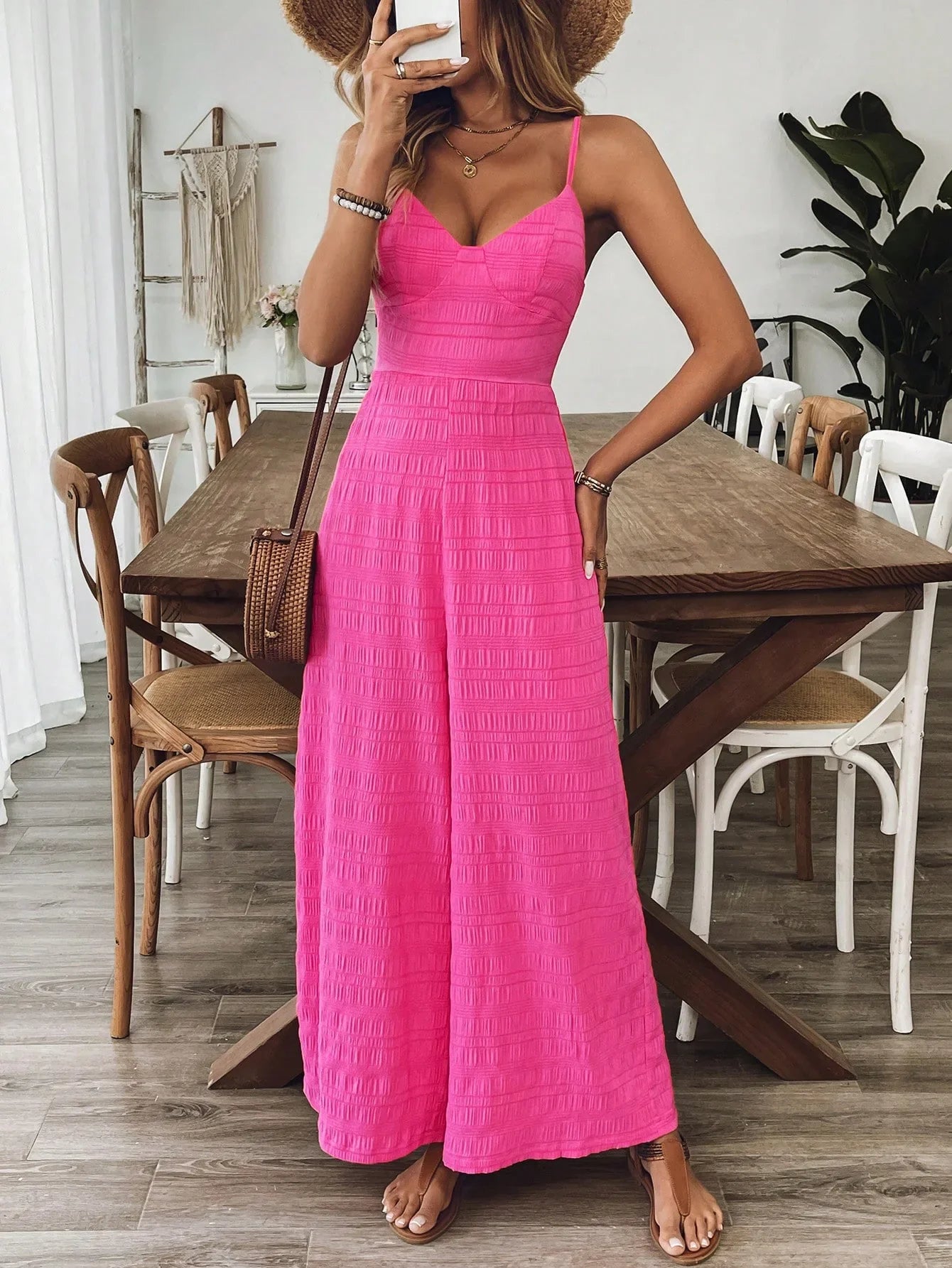 Women's Jumpsuits Rose Red Sexy Backless Strap Wide-foot Jumpsuits