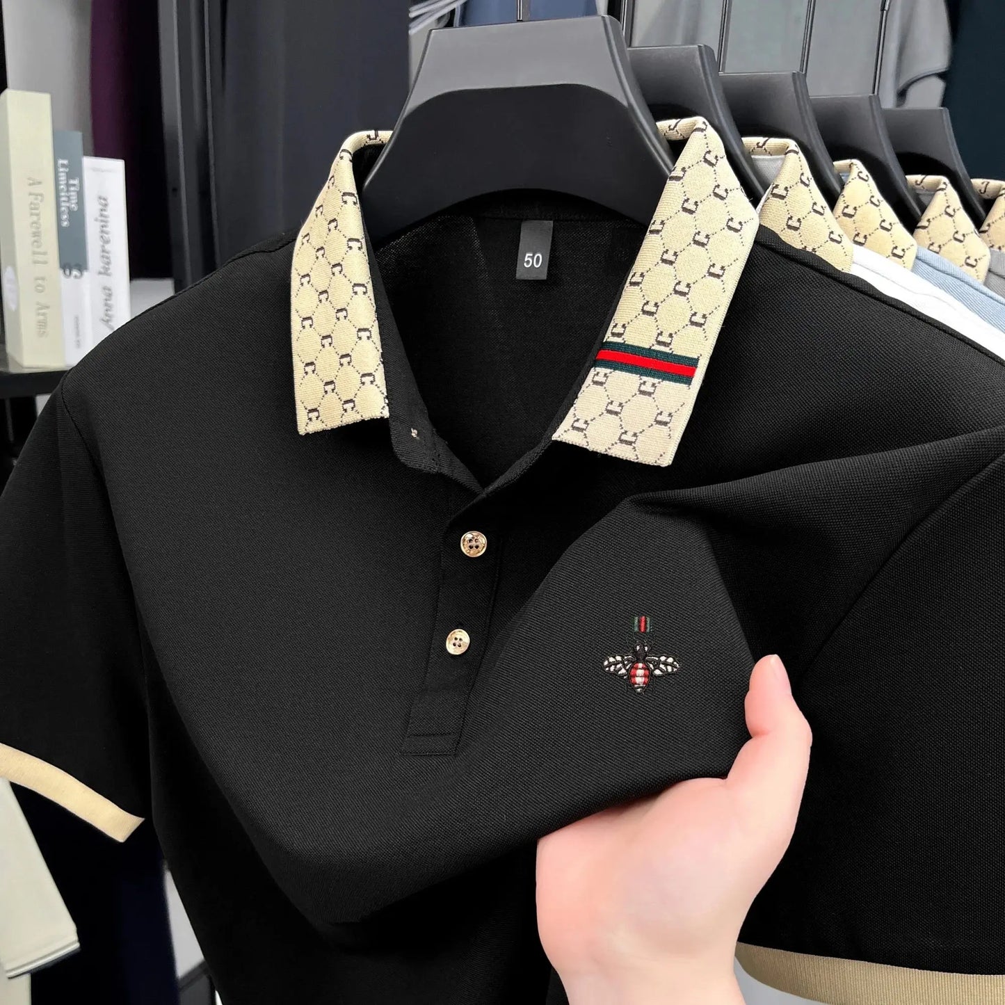 Personality letter jacquard lapel short sleeve T-shirt men high-end brand Little Bee embroidery fashion trend summer polo shirt NovaCart