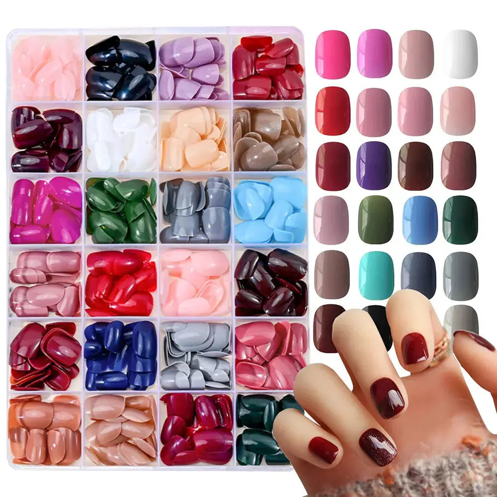 576pcs Short Round Square Fake Nails Glossy 24 Solid Colors Press on Nails Full Cover Artificial Fingernail False Nail Tips #XS NovaCart