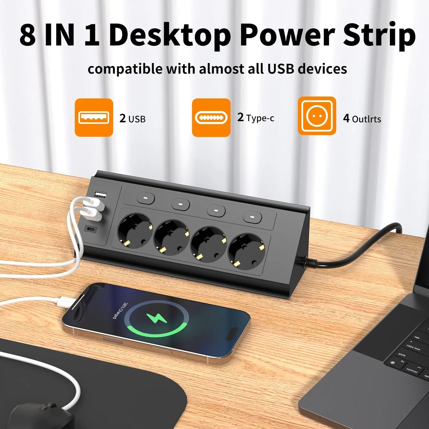 EU desktop corner power strip, a power strip with multiple switches independently controlling the outlets, extension cord power Pi-Mart