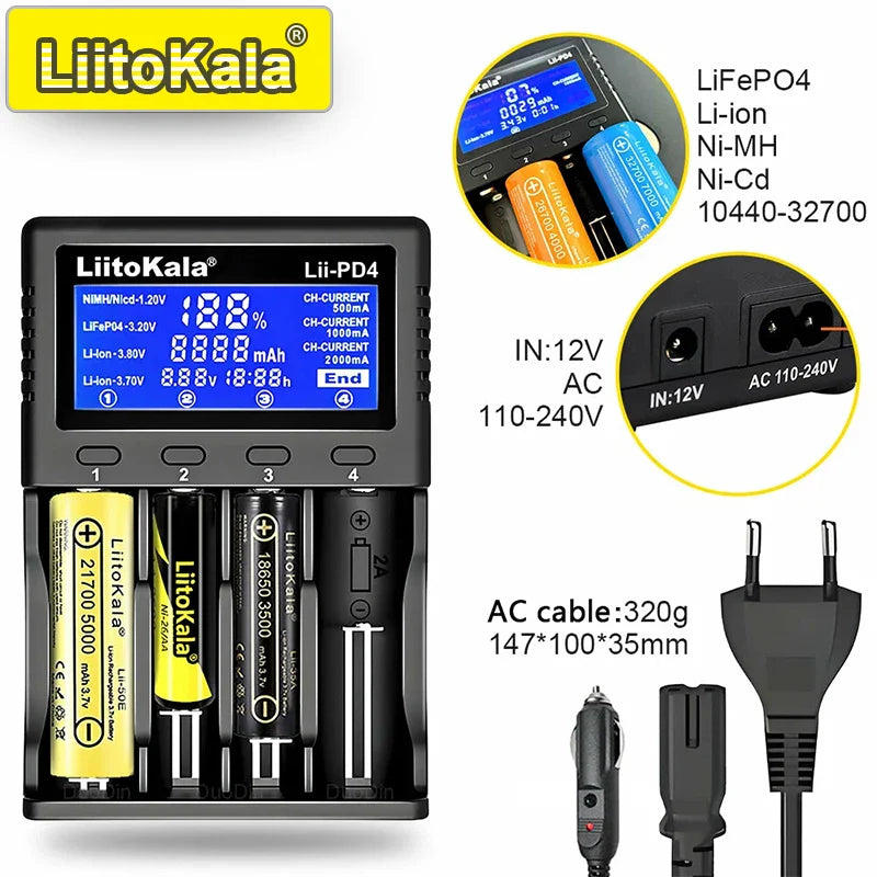 LiitoKala Lii-PD4/PD2 AC PD Charger LCD Fast Charging 4/2-Bay for 21700/18650/AA/AAA Multi-Protection Auto-Detect Pi-Mart