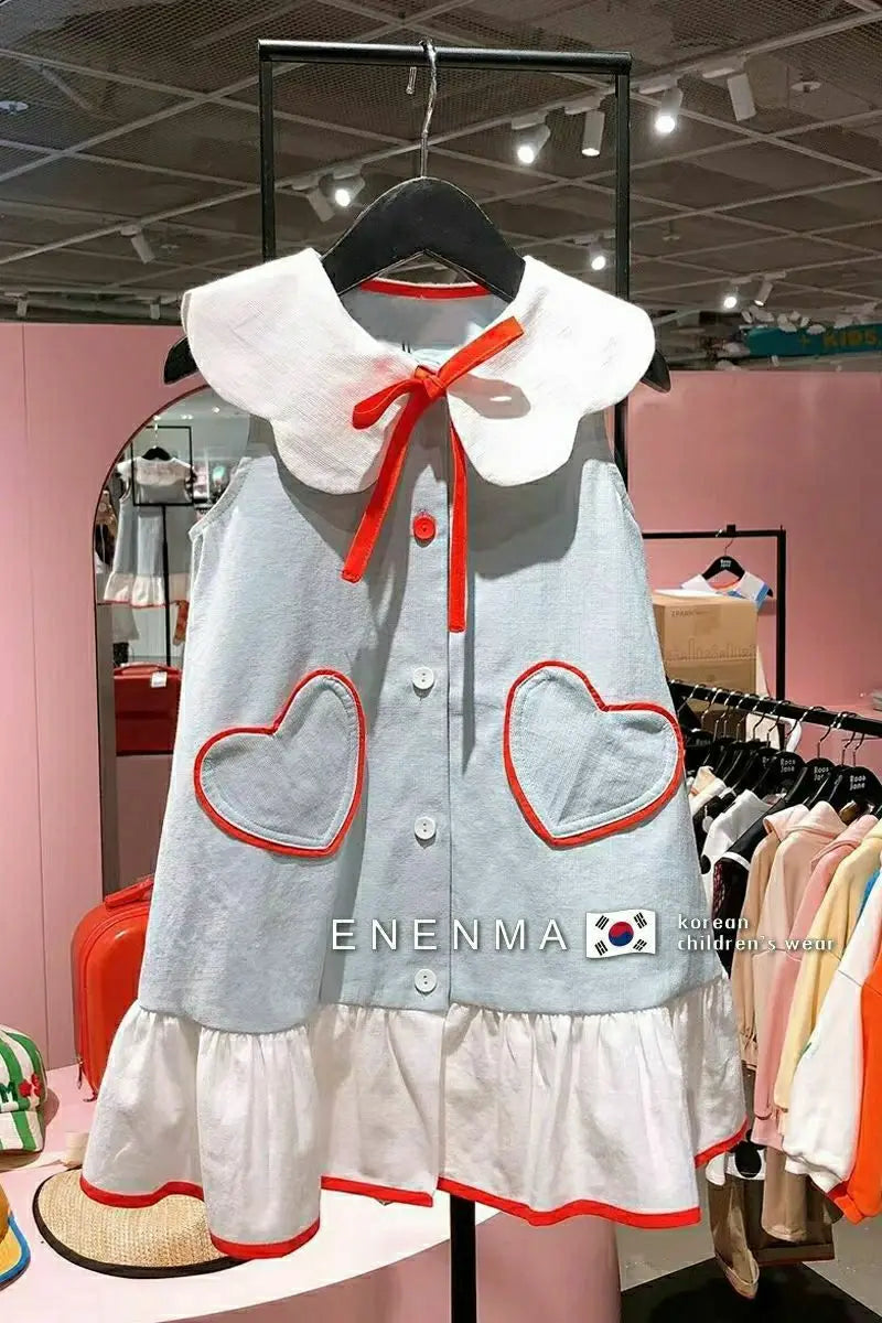 Girls Dress Korean Children's Summer Style Girls' Ruffle Collar Sleeveless Dress Children's Fashionable Love Lace up Vest Skirt NovaCart