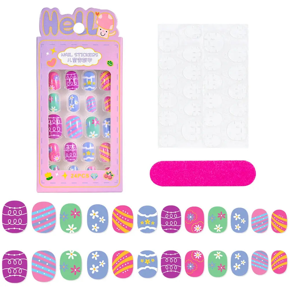 24Pcs/box Kids nails for Girl Cartoon Pattern False Nail Cute Child Fake Nails Tips Kawaii Acrylic Artificial Press on Nail+Tool NovaCart