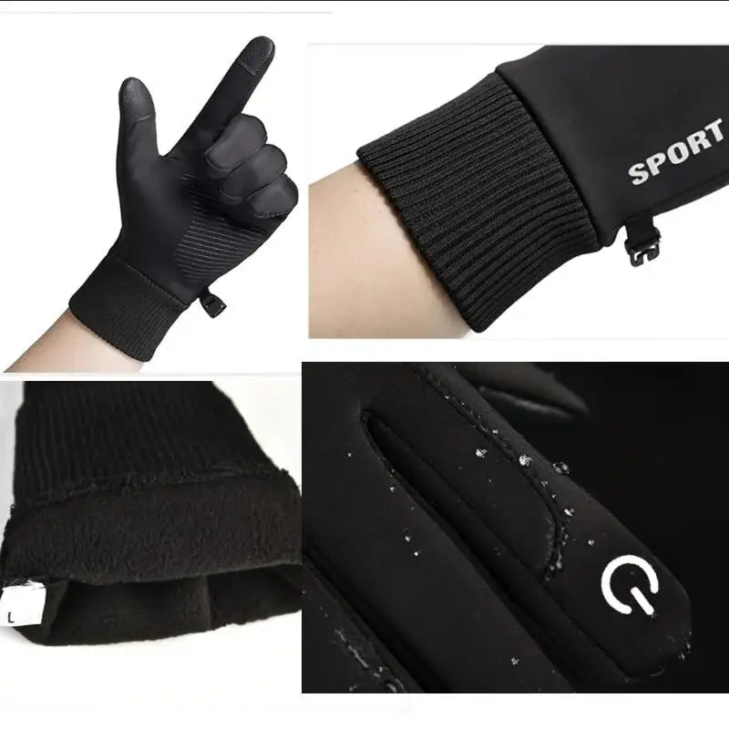 Black Winter Warm Full Fingers Waterproof Cycling Outdoor Sports Running Motorcycle Ski Touch Screen Fleece Gloves Snow Gloves Pi-Mart