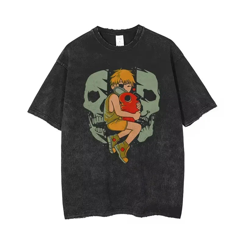 πͺ Chainsaw Man Acid-Washed Vintage Graphic T-Shirt β Harajuku Streetwear FitiqueFit