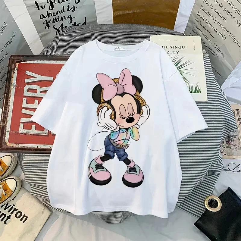 Disney New Minnie Kawaii Fun Women's Printed T-shirt Fashion Summer Cartoon Minnie Top Y2K Women's Extra Large Cotton T-shirt NovaCart