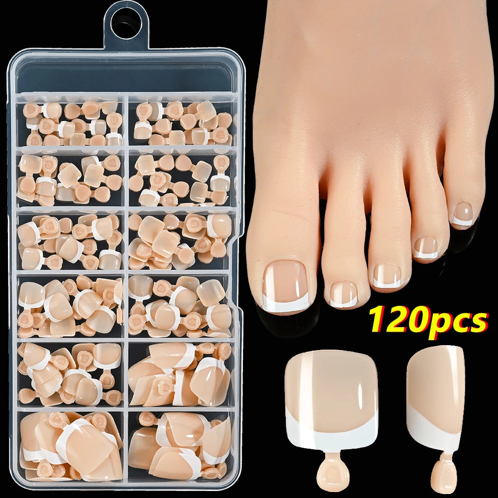 120pcs/Box French Tip Press-On Toenails Pink Color System Square Shape Foot Nails Short Length Glossy Finish False Toe Nails Set NovaCart