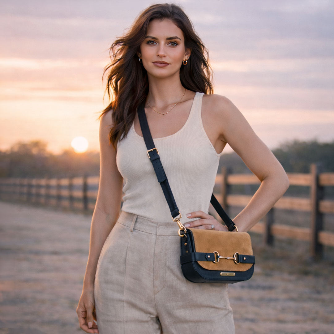 Saratoga- Horse Bit Crossbody Luxury Leather Handbag in Black on Chestnut Urban-Equestrian