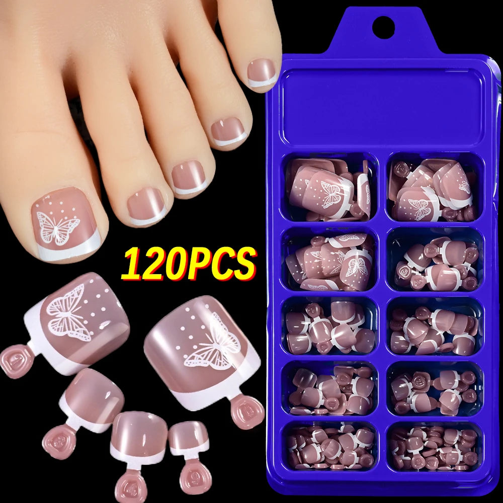 120Pcs 9-Colors French Fake Toenails Summer Short Sqaure Press On Toe Nails Tips Glossy Nude/Pink/Brown Full Cover False Toenail NovaCart