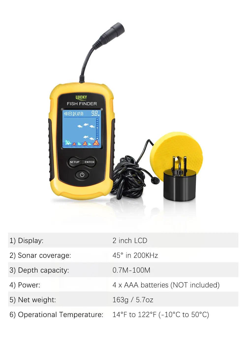 FFC1108-1 Alarm 100M Portable Sonar Fish Finders 45 degrees Sonar Coverage Echo Sounder Alarm Transducer Lake Sea Fishing NovaCart