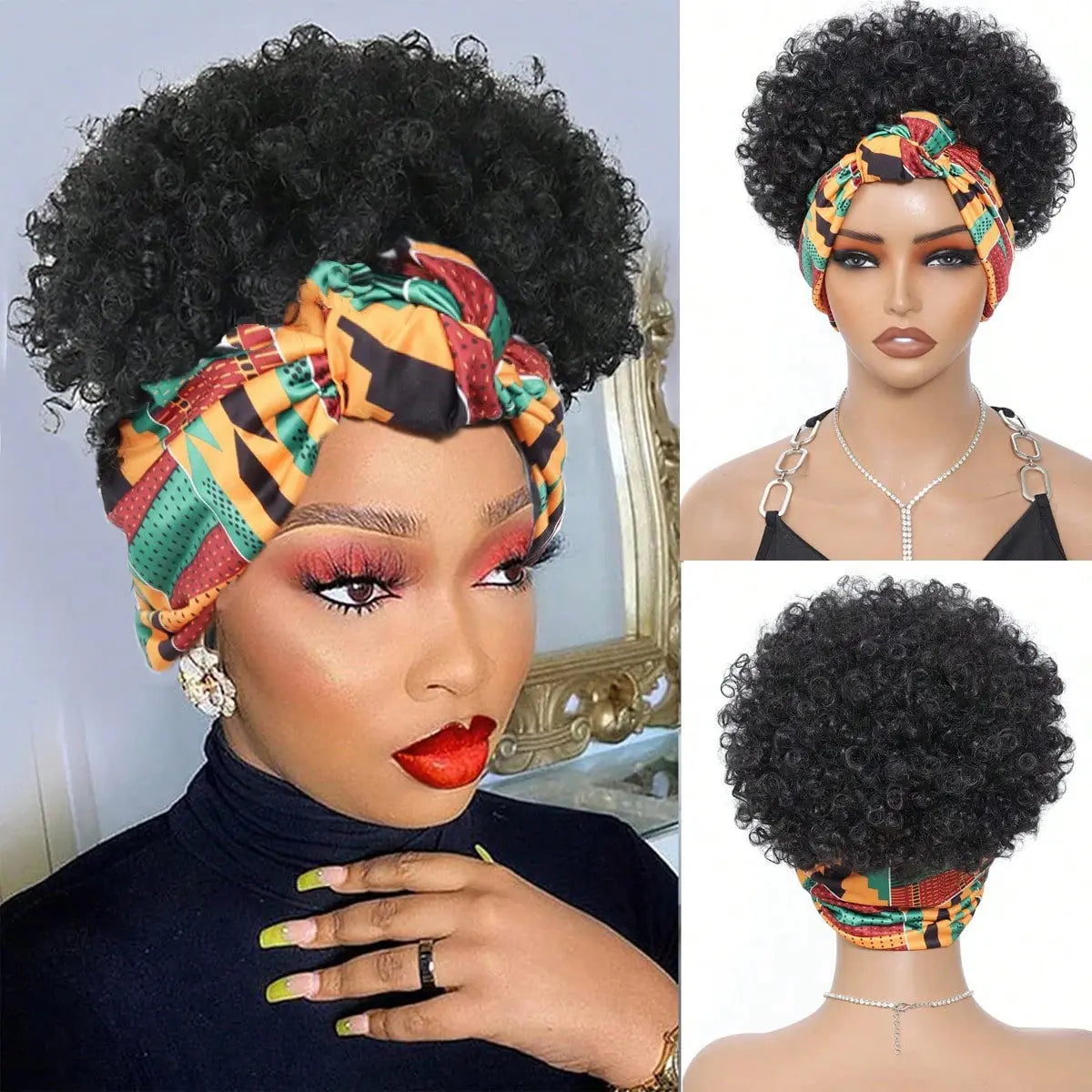 Black Headband Wigs For Women Afro Kinky Curly Wig With Synthetic Short Hair Wigs With Headband Attached Headwrap Wigs NovaCart