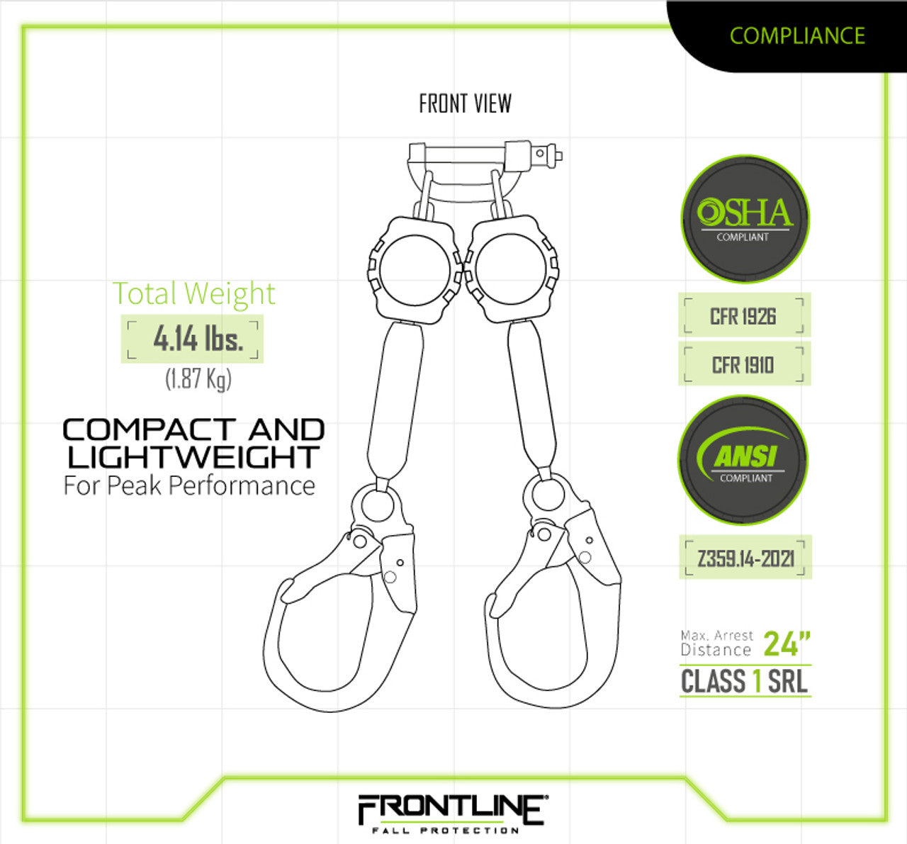 Frontline RPA062R Aramid Fiber Web Twin Leg 6' SRL with Steel Rebar Hook Ends VM Hardware