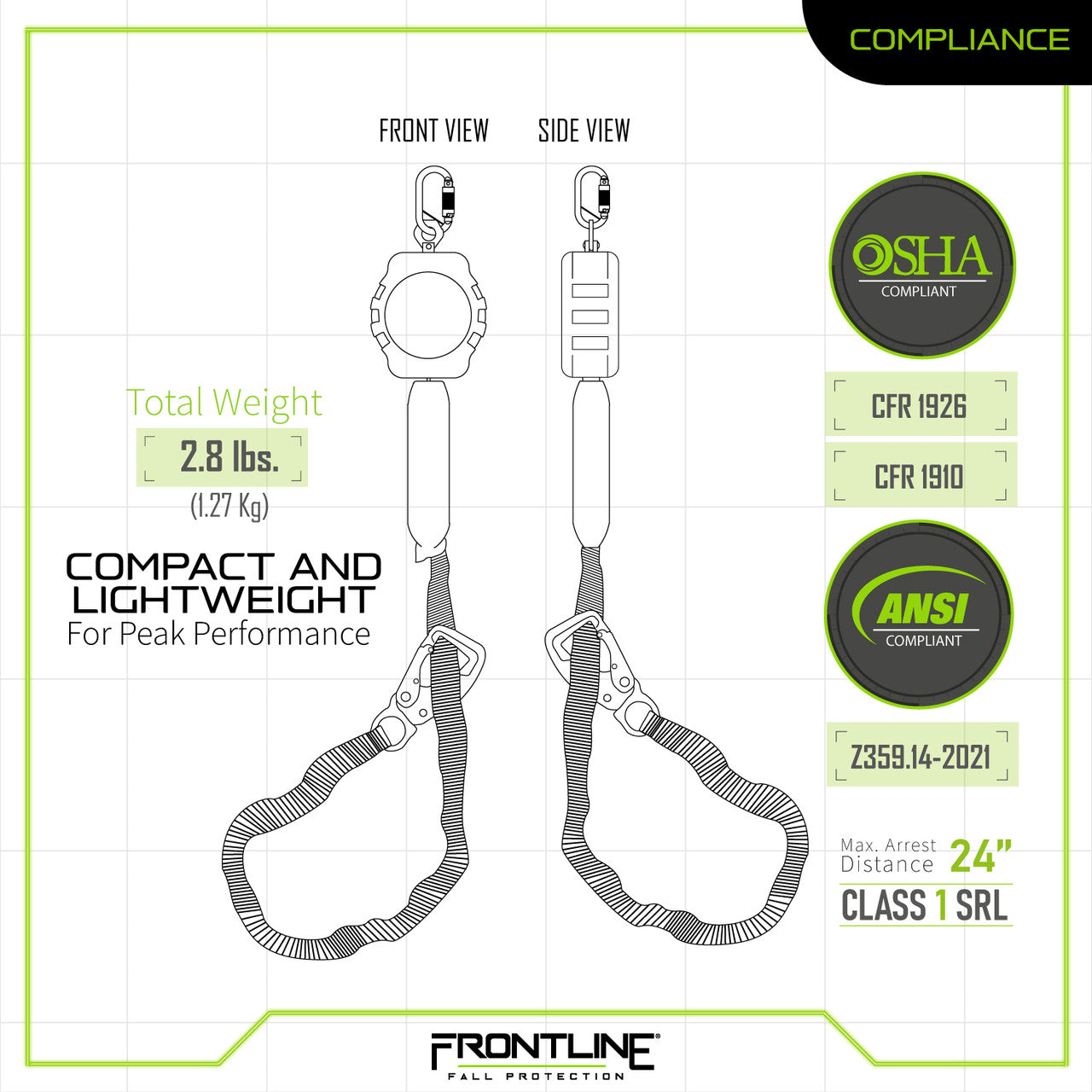 Frontline RPA091TB Tie Back Single Leg Web 9' SRL with Tie Back Hook End VM Hardware