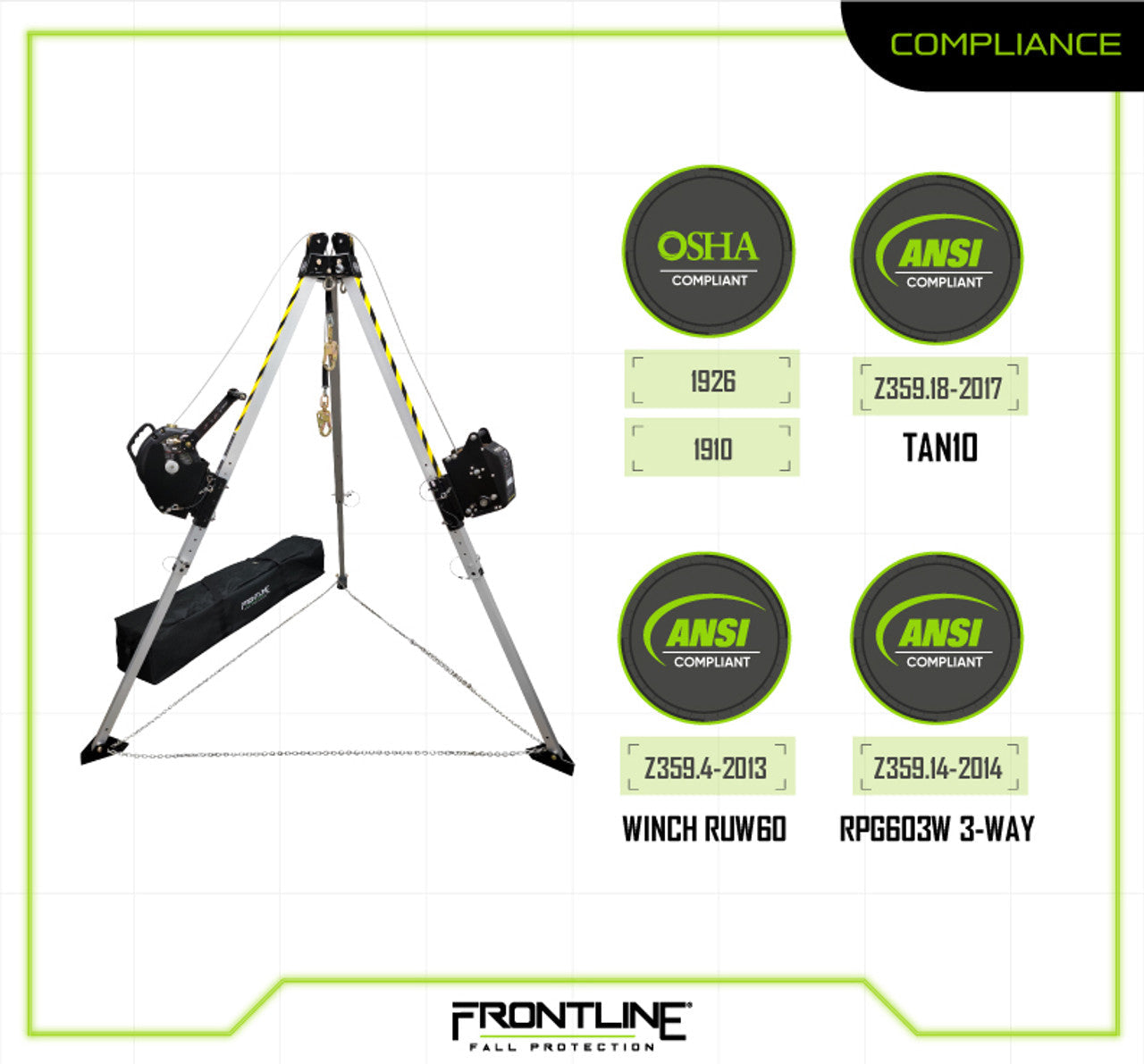 Frontline TAN10RURP MEGApod Confined Space 10' Aluminum Tripod with 60' Winch and 3-Way SRL VM Hardware