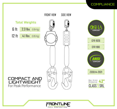 Frontline RPA061S 6' Aramid Fiber Web Single Leg SRL with Steel Snap Hook End VM Hardware