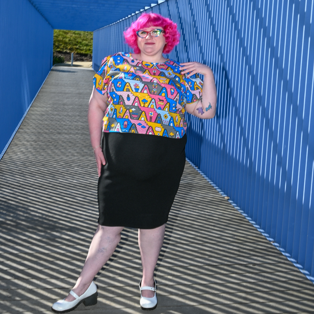 8-Bit A-Frames Cropped Tulip Sleeve in Pretty Pastels Blue Platypus Clothing
